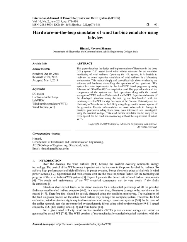 Hardwareintheloop simulator of wind turbine emulator using labview PDF
