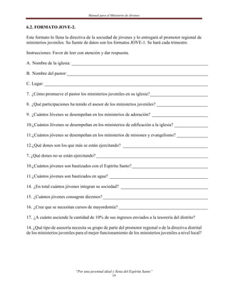 Manual para el Ministerio de Jóvenes


6.2. FORMATO JOVE-2.

Este formato lo llena la directiva de la sociedad de jóvenes y lo entregará al promotor regional de
ministerios juveniles. Su fuente de datos son los formatos JOVE-1. Se hará cada trimestre.

Instrucciones: Favor de leer con atención y dar respuesta.

A. Nombre de la iglesia: _____________________________________________________________

B. Nombre del pastor: _______________________________________________________________

C. Lugar: _________________________________________________________________________

7. ¿Cómo promueve el pastor los ministerios juveniles en su iglesia?__________________________

8. ¿Qué participaciones ha tenido el asesor de los ministerios juveniles? _______________________

9. ¿Cuántos Jóvenes se desempeñan en los ministerios de adoración? _________________________

10.¿Cuántos Jóvenes se desempeñan en los ministerios de edificación a la iglesia? _______________

11.¿Cuántos jóvenes se desempeñan en los ministerios de misiones y evangelismo? ______________

12.¿Qué dones son los que más se están ejercitando? ______________________________________

7. ¿Qué dones no se están ejercitando? __________________________________________________

10.¿Cuántos jóvenes son bautizados con el Espíritu Santo? __________________________________

11.¿Cuántos jóvenes son bautizados en agua? ____________________________________________

14. ¿En total cuántos jóvenes integran su sociedad? _______________________________________

15. ¿Cuántos jóvenes consagran diezmos? _______________________________________________

16. ¿Cree que se necesitan cursos de mayordomía? ________________________________________

17. ¿A cuánto asciende la cantidad de 10% de sus ingresos enviados a la tesorería del distrito?

14. ¿Qué tipo de asesoría necesita su grupo de parte del promotor regional o de la directiva distrital
de los ministerios juveniles para el mejor funcionamiento de los ministerios juveniles a nivel local?




                            “Por una juventud ideal y llena del Espíritu Santo”
                                                    19
 