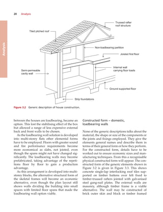 20 Analysis
Analysis
between the houses are loadbearing, became an
option. This lost the stabilising effect of the box
but allowed a range of less expensive external
back and front walls to be chosen.
As the loadbearing wall solution is developed
into multi-storey flats other elemental forms
have to be employed. Floors with greater sound
and fire performance requirements become
more economical as slabs, not joisted, even
though the spans might not have changed sig-
nificantly. The loadbearing walls may become
prefabricated, taking advantage of the repeti-
tions floor by floor to gain a production
advantage.
As this arrangement is developed into multi-
storey blocks, the alternative structural form of
the skeletal frames will become an economic
alternative, even though the plan layout still
shows walls dividing the building into small
spaces with limited floor spans that made the
loadbearing wall option viable.
Constructed form – domestic,
loadbearing walls
None of the generic descriptions talks about the
material, the shape or size of the components or
the joints and fixings employed. They give the
elements general names and describe them in
terms of their general form or how they perform.
For the constructed form, details have to be
worked out to ensure economic sizes and man-
ufacturing techniques. From this a recognisable
physical constructed form will appear. The con-
structed form of the generic elements shown in
Figure 3.2 is given in Figure 3.3. This shows
concrete single-lap interlocking roof tiles sup-
ported on timber battens over felt fixed to
timber-trussed rafters jointed with galvanised
steel gang-nail plates. The external walls are
masonry, although timber frame is a viable
alternative. The wall may be constructed of
brick outer skin and block or timber framed
Figure 3.2 Generic description of house construction.
Semi-permeable
cavity wall
Internal wall
carrying floor loads
Tiled pitched roof
Trussed rafter
roof structure
Joisted first floor
Ground supported floor
Strip foundations
Non-loadbearing partition
 
