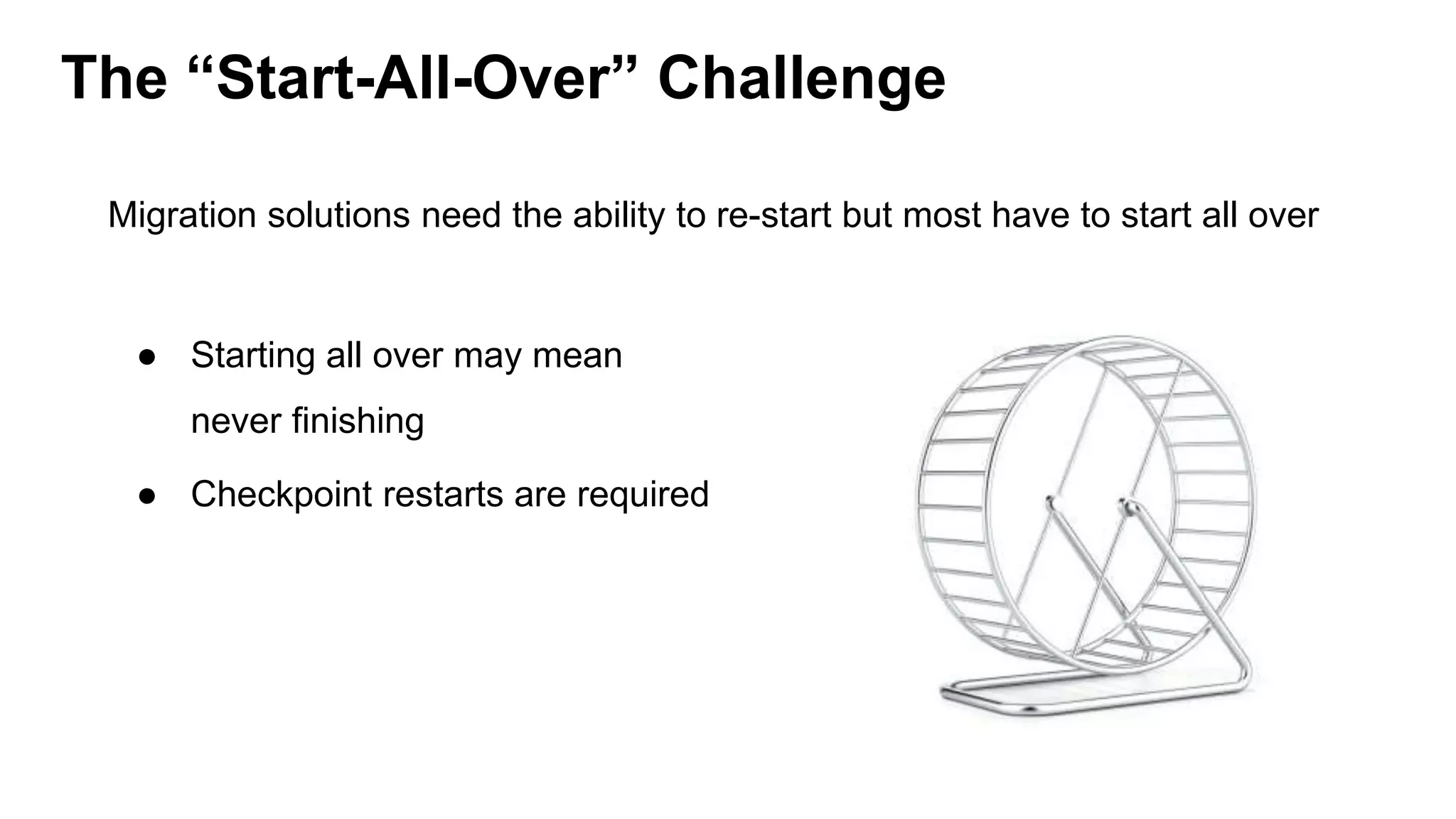 Migration solutions need the ability to re-start but most have to start all over
The “Start-All-Over” Challenge
● Starting all over may mean
never finishing
● Checkpoint restarts are required
 