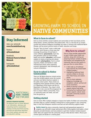 GROWING FARM TO SCHOOL IN
NATIVE COMMUNITIES
Stay Informed
Join our network:
www.FarmtoSchool.org
Twitter
@FarmtoSchool
Facebook
National Farm to School
Network
Instagram
@FarmtoSchool
What is farm to school?
Farm to school activities connect students and communities to fresh local foods and the
family farmers, ranchers and fishers that produce them. This is a new term for an ancient
concept that embraces Indigenous knowledge and values in harmony with traditional Native
lifeways, and has proven positive results on health, education and hunger.
The term “farm to school” covers a wide range
of efforts, which focuses on three areas that
encourage the purchase of local foods in
school cafeterias (procurement); teach the
next generation about our food heritage,
health and nutrition (education); and connect
students to hands-on learning and cultural
enrichment (school gardens). Farm to school
empowers children and families to make
informed food choices while supporting
economic development, food sovereignty and
cultural revitalization.
Farm to school in Native
Communities
There are 185 Native American schools serving
more than 40,000 students across the country,
and even more Native American students in
the public school system. These schools are
managed by three separate divisions under the
U.S. Department of the Interior and the U.S.
Department of Education. Thus, keep in mind
that there is not a one-size-fits-all approach to
farm to school in Native communities. Focus
on community assets and needs, and work
from the ground up.
Getting started
Farm to school offers multiple strategies to improve the health of children and communities.
Use these steps as a guide to develop a lasting farm to school program in your community.
Keep in mind that homegrown solutions work best and self-sufficiency supports health.
1
Build a team: By using a community- based and multi-generational approach to
programs, you will build a longer lasting team effort. Bring together local leaders, school
educators and administrators and local producers to get them involved. Include everyone!
Gather ideas and support from the community and your tribal decision makers. Discuss your
common goals and decide on a starting place.
Picture here
GROWING STRONGER TOGETHER
The National Farm to School Network
is an information, advocacy and
networking hub for communities
working to bring local food sourcing
and food and agriculture education
into school systems and early care
and education settings.
Why farm to school?
Farm to school provides opportunities
to teach children about health and
nutrition, along with reviving and
preserving heirloom varieties of plants
and livestock and strengthening the
community. Here are more reasons to
grow your farm to school efforts:
•	 A diet made up of traditional
foods improves the overall health
of Native peoples.*
•	 Highlighting traditional foods
connects children to the land,
their tribal history and creation
stories.
•	 Farm to school celebrates
Indigenous knowledge and
strengthens cultural, spiritual and
social connections.
•	 Hands-on learning in the garden
supports physical well-being.
•	 Purchasing from traditional food
growers supports cultural values
and sparks community economic
development.
 