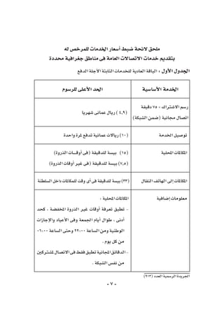 -7-
)913(‫العدد‬‫الر�سمية‬‫اجلريدة‬
‫له‬‫للمرخ�ص‬‫اخلدمات‬‫أ�سعار‬�‫�ضبط‬‫الئحة‬‫ملحق‬
‫حمددة‬‫جغرافية‬‫مناطق‬‫فى‬‫العامة‬‫االت�صاالت‬‫خدمات‬‫بتقدمي‬
‫الدفع‬‫آجلة‬‫ل‬‫ا‬‫الثابتة‬‫للخدمات‬‫العادية‬‫الباقة‬:‫أول‬‫ل‬‫ا‬‫اجلدول‬
‫أ�سا�سية‬‫ل‬‫ا‬‫اخلدمة‬‫للر�سوم‬‫أعلى‬‫ل‬‫ا‬‫احلد‬
‫دقيقة‬75+‫اال�شرتاك‬‫ر�سم‬
)‫ال�شبكة‬‫(�ضمن‬‫جمانية‬‫ات�صال‬
‫�شهريا‬‫عمانى‬‫ريال‬)4,9(
‫اخلدمة‬‫تو�صيل‬‫واحدة‬‫ملرة‬‫تدفع‬‫عمانية‬‫رياالت‬)10(
‫املحلية‬‫املكاملات‬)‫الذروة‬‫ـات‬‫ـ‬‫ـ‬‫ـ‬‫ـ‬‫ـ‬‫ـ‬‫ق‬‫أو‬�‫(فى‬‫للدقيقة‬‫بي�سة‬ )15(
)‫الذروة‬‫أوقات‬�‫غري‬‫(فى‬‫للدقيقة‬‫بي�سة‬)7,5(
‫النقال‬‫الهاتف‬‫إىل‬�‫املكاملات‬‫ال�سلطنة‬‫داخل‬‫للمكاملات‬‫وقت‬‫أى‬�‫فى‬‫للدقيقة‬‫بي�سة‬)33(
‫إ�ضافية‬�‫معلومات‬:‫املحلية‬‫املكاملات‬
‫كحد‬ ، ‫املخف�ضة‬ ‫الذروة‬ ‫غري‬ ‫أوقات‬� ‫تعرفة‬ ‫تطبق‬ -
‫إجازات‬‫ل‬‫وا‬ ‫أعياد‬‫ل‬‫ا‬ ‫وفى‬ ‫اجلمعة‬ ‫أيام‬� ‫طوال‬ ، ‫أدنى‬�
06:00 ‫ال�ساعة‬‫وحتى‬ 22:00 ‫ال�ساعة‬‫ومن‬‫الوطنية‬
.‫يوم‬‫كل‬‫من‬
‫مل�شرتكني‬‫االت�صال‬‫فى‬‫فقط‬‫تطبق‬‫املجانية‬‫الدقائق‬-
.‫ال�شبكة‬‫نف�س‬‫من‬
 