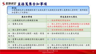 第8條
公務機關或非公務機關依第十五條或第十九條規定向當事人蒐集個人資料時，應明確告
知當事人下列事項：
應告知事項 得免為告知之情況
一、公務機關或非公務機關名稱 一、依法律規定得免告知
二、蒐集之目的 二、個人資料之蒐集係公務機關執行法定職務
或非公務機關履行法定義務所必要
三、個人資料之類別 三、告知將妨害公務機關執行法定職務
四、個人資料利用之期間、地區、對象
及方式
四、告知將妨害第三人之重大利益
五、當事人依第三條規定得行使之權利
及方式
五、當事人明知應告知之內容
六、當事人得自由選擇提供個人資料時，
不提供將對其權益之影響
六、個人資料之蒐集非基於營利之目的，且對
當事人顯無不利之影響。
直接蒐集告知事項
15
 
