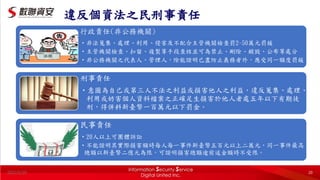 違反個資法之民刑事責任
20
行政責任(非公務機關)
•非法蒐集、處理、利用、侵害及不配合主管機關檢查罰2~50萬元罰鍰
•主管機關檢查、扣留、複製等手段查核並可為禁止、刪除、銷毀、公布等處分
•非公務機關之代表人、管理人，除能證明已盡防止義務者外，應受同一額度罰鍰
刑事責任
•意圖為自己或第三人不法之利益或損害他人之利益，違反蒐集、處理、
利用或妨害個人資料檔案之正確足生損害於他人者處五年以下有期徒
刑，得併科新臺幣一百萬元以下罰金。
民事責任
•20人以上可團體訴訟
•不能證明其實際損害額時每人每一事件新臺幣五百元以上二萬元，同一事件最高
總額以新臺幣二億元為限，可證明損害總額逾前述金額時不受限。
2022/5/20
 