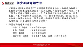 個資風險評鑑方法
• 評鑑風險別(風險評鑑因子)：個資檔案評鑑風險別，由行政小組檢討
本校個資可能遭遇之風險因子（基本包含1.『個資被竊取、洩漏』、2.
『個資被竄改、損毀、滅失』、3.『蒐集處理未完整履行告知、同意
義務』、4.『個資利用違法風險』、5『個資委外風險』等5項）設定
於系統，各單位分別依「個資清冊」每項個資檔案針對各項風險進行
風險評鑑，如不適用擇該項因子免評。
• 個資行為與適用性對應：
• 保存：1、2適用 -不保存則不適用
• 蒐集：3適用 -無蒐集則不適用
• 利用：4適用 -無利用則不適用
• 個資委外：5適用 -個資未委外蒐集、處理、利用則不適用
44
 