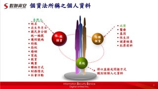 個資法所稱之個人資料
其他
特種
個資
一般
個資
自然人
․姓名
․出生年月日
․國民身分證
統一編號
․護照號碼
․特徵
․指紋
․婚姻
․家庭
․教育
․職業
․聯絡方式
․財務情況
․社會活動
․病歷
․醫療
․基因
․性生活
․健康檢查
․犯罪前科
得以直接或間接方式
識別該個人之資料
7
 