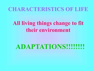 CHARACTERISTICS OF LIFE
All living things change to fit
their environment
ADAPTATIONS!!!!!!!!
 