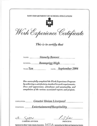 Work Experience Certificate (Greater Union)