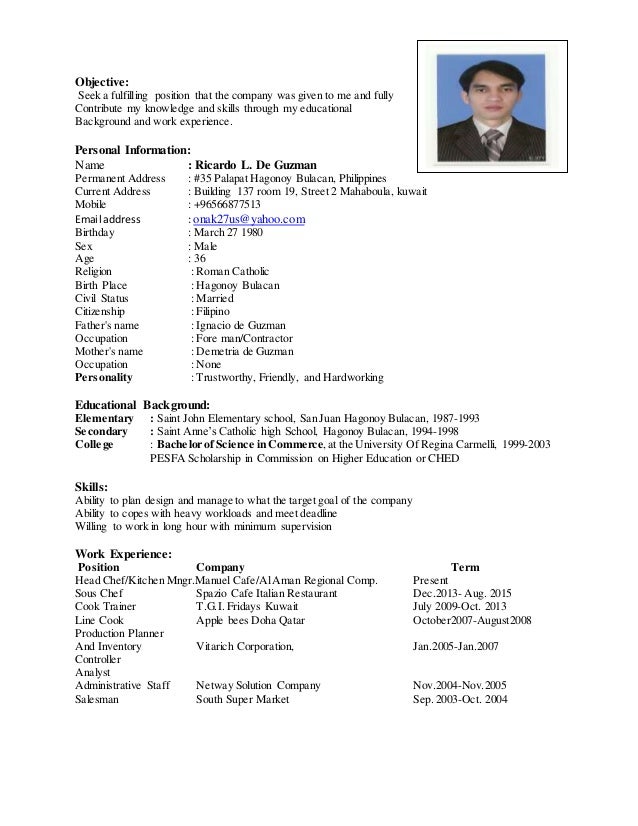 ricardo resume sample line cook resume