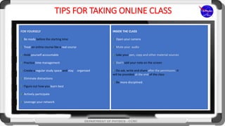 TIPS FOR TAKING ONLINE CLASS
FOR YOURSELF
1: Be ready before the starting time
2: Treat an online course like a real course
3: Hold yourself accountable
4: Practice time management
5: Create a regular study space and stay organized
6: Eliminate distractions
7: Figure out how you learn best
8: Actively participate
9: Leverage your network
INSIDE THE CLASS
1: Open your camera
2: Mute your audio
3: take your pen, copy and other material sources
3: Don’t add your note on the screen
4: Do ask, write and share after the permission. It
will be provided at the end of the class
5: Be more disciplined.
1
 