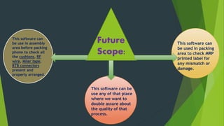 This software can
be use in assembly
area before packing
phone to check all
the cushions, RF
wire, Miler tape,
BTB connectors
present and
properly arranged.
This software can
be used in packing
area to check MRP
printed label for
any mismatch or
damage.
This software can be
use any of that place
where we want to
double assure about
the quality of that
process.
Future
Scope:
 