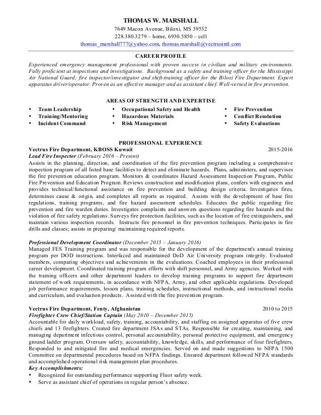 thomas w marshall resume cond 2016 fire inspector resume
