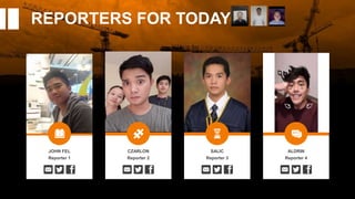 REPORTERS FOR TODAY
JOHN FEL
Reporter 1
CZARLON
Reporter 2
SALIC
Reporter 3
ALDRIN
Reporter 4
 