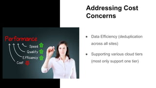Addressing Cost
Concerns
● Data Efficiency (deduplication
across all sites)
● Supporting various cloud tiers
(most only support one tier)
 