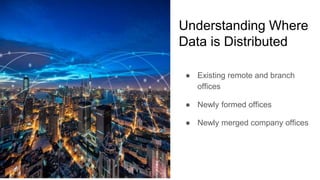 Understanding Where
Data is Distributed
● Existing remote and branch
offices
● Newly formed offices
● Newly merged company offices
 