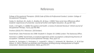 References
College of Occupational Therapists. (2010) Code of Ethics & Professional Conduct. London: College of
Occupational Therapists.
Cooke, R., Barkham, M., Audin, K., Bradley, M., & Davy, J. (2004) ‘How social class differences affect
students' experiences of university’. Journal of Further and Higher Education. 28, pp.407-422.
Creek, J. & Hughes, A. (2008) ‘Occupation and health: a review of selected literature’. British Journal of
Occupational Therapy. 71(11), pp.456-468.
Freshers (2013) ITV 2 Television. (20 October).
Great Britain. Data Protection Act 1998: Elizabeth II. Chapter 29. (1998) London: The Stationary Office.
Hammell, K. (2009) ‘Sacred texts: A sceptical exploration of the assumptions underpinning theories of
occupation’. Canadian Journal of Occupational Therapy. 76(1), pp.6-13.
Heather, N., Partington, S., Partington, E., Longstaff, F., Allsop, S., Jankowski, M., Wareham., H., & St Clair
Gibson, A. (2011) ‘Alcohol use disorders and hazardous drinking among undergraduates at English
Universities’. Alcohol and Alcoholism. 46(3), pp.270–277.
16
 
