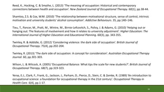 Reed, K., Hocking, C. & Smythe, L. (2013) ‘The meaning of occupation: Historical and contemporary
connections between health and occupation’. New Zealand Journal of Occupational Therapy. 60(1), pp.38-44.
Shamloo, Z.S. & Cox, W.M. (2010) ‘The relationship between motivational structure, sense of control, intrinsic
motivation and university students' alcohol consumption’. Addictive Behaviours. 35, pp.140–146.
Tieu, T., Pancer, M., Pratt, M., Wintre, M., Birnie-Lefcovitch, S., Polivy, J. & Adams, G. (2010) ‘Helping out or
hanging out: The features of involvement and how it relates to university adjustment’. Higher Education: The
International Journal of Higher Education and Educational Planning. 60(3), pp. 343-355.
Twinley, R. & Addidle, G. (2012) ‘Considering violence: the dark side of occupation’. British Journal of
Occupational Therapy. 75(4), pp.202-204.
Twinley, R. (2013) ‘The dark side of occupation: A concept for consideration’. Australian Occupational Therapy
Journal. 60, pp.301-303.
Wilson, L. & Wilcock, A. (2005) ‘Occupational Balance: What tips the scale for new students?’. British Journal of
Occupational Therapy. 68(7), pp.319-323.
Yerxa, E.J., Clark, F., Frank, G., Jackson, J., Parham, D., Pierce, D., Stein, C. & Zemke, R. (1989) ‘An introduction to
occupational science: a foundation for occupational therapy in the 21st century’. Occupational Therapy in
Health Care. 6(4), pp.1-17.
18
 