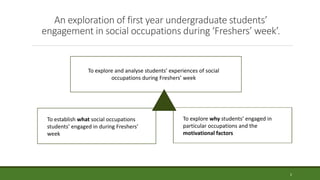 An exploration of first year undergraduate students’
engagement in social occupations during ‘Freshers’ week’.
To explore and analyse students’ experiences of social
occupations during Freshers’ week
To establish what social occupations
students’ engaged in during Freshers’
week
To explore why students’ engaged in
particular occupations and the
motivational factors
2
 