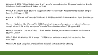 21
Kielhofner, G. (2008) ‘Volition’, in Kielhofner, G. (ed.) Model of Human Occupation: Theory and application. 4th edn.
Philadelphia: Lippincott Williams & Wilkins, pp.32-50.
Krause, K. & Coates, H. (2008) ‘Students' engagement in first-year university’. Assessment and Evaluation in Higher
Education. 33(5), pp.493-505.
Krause, K. (2013) ‘Arrival and Orientation’ in Morgan, M. (ed.) Improving the Student Experience. Oxon: Routledge, pp.
69
Mahoney, J.L., Cairns, B.D., & Farmer, T.W. (2003) ‘Promoting interpersonal competence and educational success
through extracurricular activity participation’. Journal of Educational Psychology. 95(2), pp.409-418.
Maltby, J., Williams, G., McGarry, J. & Day, L. (2010) Research methods for nursing and healthcare. Essex: Pearson
Education Limited.
Miller, T., Birch, M., Mauthner, M. & Jessop, J. (2012) Ethics in qualitative research. 2nd edn. London: Sage
Publications.
Molineux, M. (2004) Occupation for Occupational Therapists. Oxford: Blackwell Publishing.
 