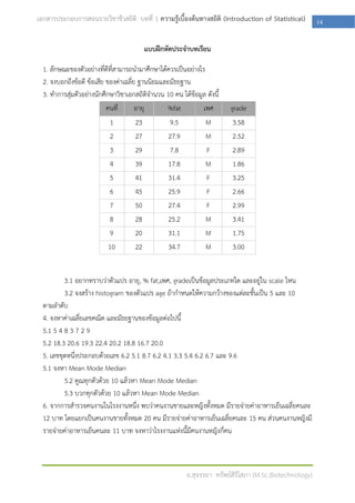 เอกสารประกอบการสอนรายวิชาชีวสถิติ บทที่ 1 ความรู้เบื้องต้นทางสถิติ (Introduction of Statistical)         14

                                         แบบฝึกหัดประจาบทเรียน

  1. ลักษณะของตัวอย่างที่ดีที่สามารถนามาศึกษาได้ควรเป็นอย่างไร
  2. จงบอกถึงข้อดี ข้อเสีย ของค่าเฉลี่ย ฐานนิยมและมัธยฐาน
  3. ทาการสุ่มตัวอย่างนักศึกษาวิชาเอกสถิติจานวน 10 คน ได้ข้อมูล ดังนี้
                           คนที่       อายุ      %fat         เพศ        grade
                            1          23         9.5          M          3.58
                            2          27         27.9         M          2.52
                            3          29         7.8          F          2.89
                            4          39         17.8         M          1.86
                            5          41         31.4         F          3.25
                            6          45         25.9         F          2.66
                            7          50         27.4         F          2.99
                            8          28         25.2         M          3.41
                            9          20         31.1         M          1.75
                            10         22         34.7         M          3.00


          3.1 อยากทราบว่าตัวแปร อายุ, % fat,เพศ, gradeเป็นข้อมูลประเภทใด และอยู่ใน scale ไหน
          3.2 จงสร้าง histogram ของตัวแปร age ถ้ากาหนดให้ความกว้างของแต่ละชั้นเป็น 5 และ 10
  ตามลาดับ
  4. จงหาค่าเฉลี่ยเลขคณิต และมัธยฐานของข้อมูลต่อไปนี้
  5.1 5 4 8 3 7 2 9
  5.2 18.3 20.6 19.3 22.4 20.2 18.8 16.7 20.0
  5. เลขชุดหนึ่งประกอบด้วยเลข 6.2 5.1 8.7 6.2 4.1 3.3 5.4 6.2 6.7 และ 9.6
  5.1 จงหา Mean Mode Median
          5.2 คูณทุกตัวด้วย 10 แล้วหา Mean Mode Median
          5.3 บวกทุกตัวด้วย 10 แล้วหา Mean Mode Median
  6. จากการสารวจคนงานในโรงงานหนึ่ง พบว่าคนงานชายและหญิงทั้งหมด มีรายจ่ายค่าอาหารเย็นเฉลี่ยคนละ
  12 บาท โดยแยกเป็นคนงานชายทั้งหมด 20 คน มีรายจ่ายค่าอาหารเย็นเฉลี่ยคนละ 15 คน ส่วนคนงานหญิงมี
  รายจ่ายค่าอาหารเย็นคนละ 11 บาท จงหาว่าโรงงานแห่งนี้มีคนงานหญิงกี่คน



                                                         อ.สุจรรยา ทรัพย์สิริโสภา (M.Sc.Biotechnology)
 
