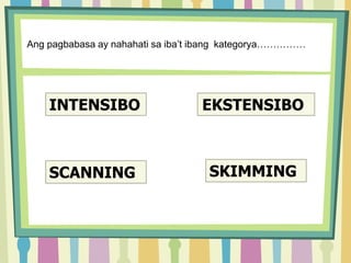 INTENSIBO EKSTENSIBOO
Ang pagbabasa ay nahahati sa iba’t ibang kategorya……………
SCANNING SKIMMING
 