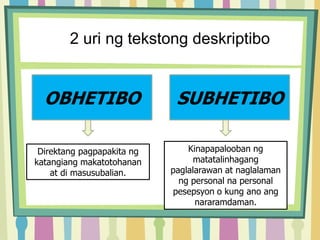 2 uri ng tekstong deskriptibo
OBHETIBO SUBHETIBO
Direktang pagpapakita ng
katangiang makatotohanan
at di masusubalian.
Kinapapalooban ng
matatalinhagang
paglalarawan at naglalaman
ng personal na personal
pesepsyon o kung ano ang
nararamdaman.
 