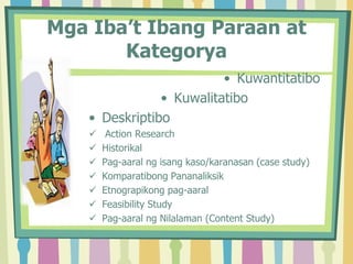 Mga Iba’t Ibang Paraan at
Kategorya
• Kuwantitatibo
• Kuwalitatibo
• Deskriptibo
 Action Research
 Historikal
 Pag-aaral ng isang kaso/karanasan (case study)
 Komparatibong Pananaliksik
 Etnograpikong pag-aaral
 Feasibility Study
 Pag-aaral ng Nilalaman (Content Study)
 