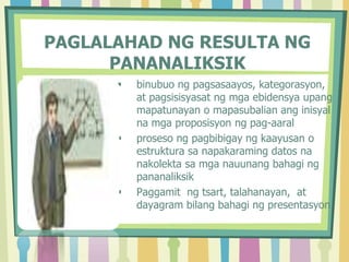 PAGLALAHAD NG RESULTA NG
PANANALIKSIK
 binubuo ng pagsasaayos, kategorasyon,
at pagsisisyasat ng mga ebidensya upang
mapatunayan o mapasubalian ang inisyal
na mga proposisyon ng pag-aaral
 proseso ng pagbibigay ng kaayusan o
estruktura sa napakaraming datos na
nakolekta sa mga nauunang bahagi ng
pananaliksik
 Paggamit ng tsart, talahanayan, at
dayagram bilang bahagi ng presentasyon
 