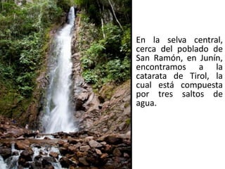 En la selva central,
cerca del poblado de
San Ramón, en Junín,
encontramos a la
catarata de Tirol, la
cual está compuesta
por tres saltos de
agua.
 