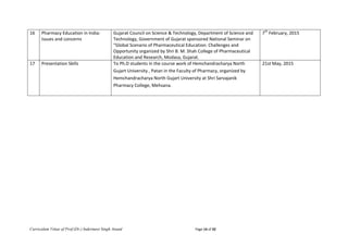 Curriculum Vittae of Prof.(Dr.) Indermeet Singh Anand Page 14 of 32
16 Pharmacy Education in India:
Issues and concerns
Gujarat Council on Science & Technology, Department of Science and
Technology, Government of Gujarat sponsored National Seminar on
“Global Scenario of Pharmaceutical Education: Challenges and
Opportunity organized by Shri B. M. Shah College of Pharmaceutical
Education and Research, Modasa, Gujarat.
7th
February, 2015
17 Presentation Skills To Ph.D students in the course work of Hemchandracharya North
Gujart University , Patan in the Faculty of Pharmacy, organized by
Hemchandracharya North Gujart University at Shri Sarvajanik
Pharmacy College, Mehsana.
21st May, 2015
 