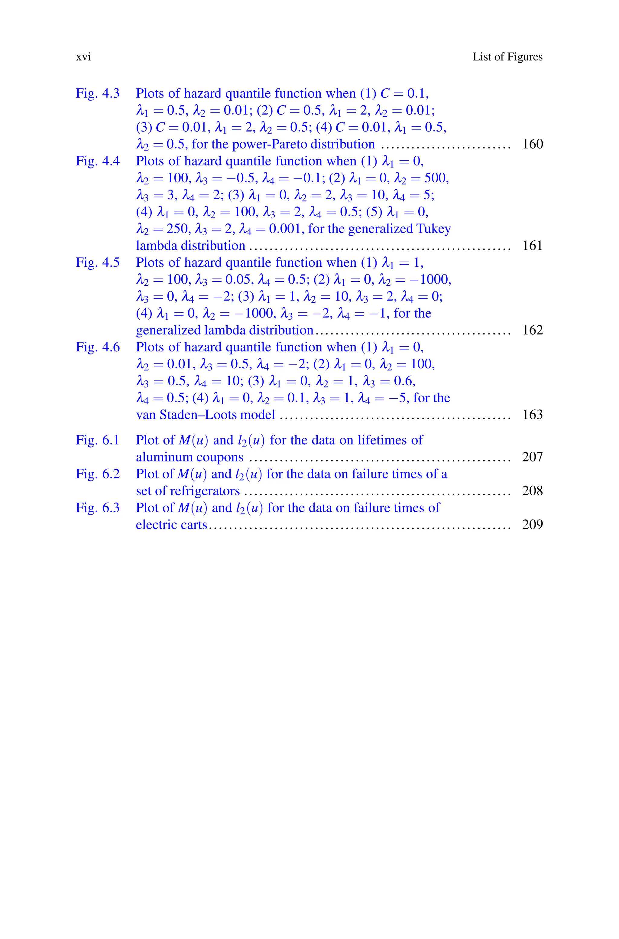 xvi List of Figures
Fig. 4.3 Plots of hazard quantile function when (1) C = 0.1,
λ1 = 0.5, λ2 = 0.01; (2) C = 0.5, λ1 = 2, λ2 = 0.01;
(3) C = 0.01, λ1 = 2, λ2 = 0.5; (4) C = 0.01, λ1 = 0.5,
λ2 = 0.5, for the power-Pareto distribution .......................... 160
Fig. 4.4 Plots of hazard quantile function when (1) λ1 = 0,
λ2 = 100, λ3 = −0.5, λ4 = −0.1; (2) λ1 = 0, λ2 = 500,
λ3 = 3, λ4 = 2; (3) λ1 = 0, λ2 = 2, λ3 = 10, λ4 = 5;
(4) λ1 = 0, λ2 = 100, λ3 = 2, λ4 = 0.5; (5) λ1 = 0,
λ2 = 250, λ3 = 2, λ4 = 0.001, for the generalized Tukey
lambda distribution .................................................... 161
Fig. 4.5 Plots of hazard quantile function when (1) λ1 = 1,
λ2 = 100, λ3 = 0.05, λ4 = 0.5; (2) λ1 = 0, λ2 = −1000,
λ3 = 0, λ4 = −2; (3) λ1 = 1, λ2 = 10, λ3 = 2, λ4 = 0;
(4) λ1 = 0, λ2 = −1000, λ3 = −2, λ4 = −1, for the
generalized lambda distribution....................................... 162
Fig. 4.6 Plots of hazard quantile function when (1) λ1 = 0,
λ2 = 0.01, λ3 = 0.5, λ4 = −2; (2) λ1 = 0, λ2 = 100,
λ3 = 0.5, λ4 = 10; (3) λ1 = 0, λ2 = 1, λ3 = 0.6,
λ4 = 0.5; (4) λ1 = 0, λ2 = 0.1, λ3 = 1, λ4 = −5, for the
van Staden–Loots model .............................................. 163
Fig. 6.1 Plot of M(u) and l2(u) for the data on lifetimes of
aluminum coupons .................................................... 207
Fig. 6.2 Plot of M(u) and l2(u) for the data on failure times of a
set of refrigerators ..................................................... 208
Fig. 6.3 Plot of M(u) and l2(u) for the data on failure times of
electric carts............................................................ 209
 