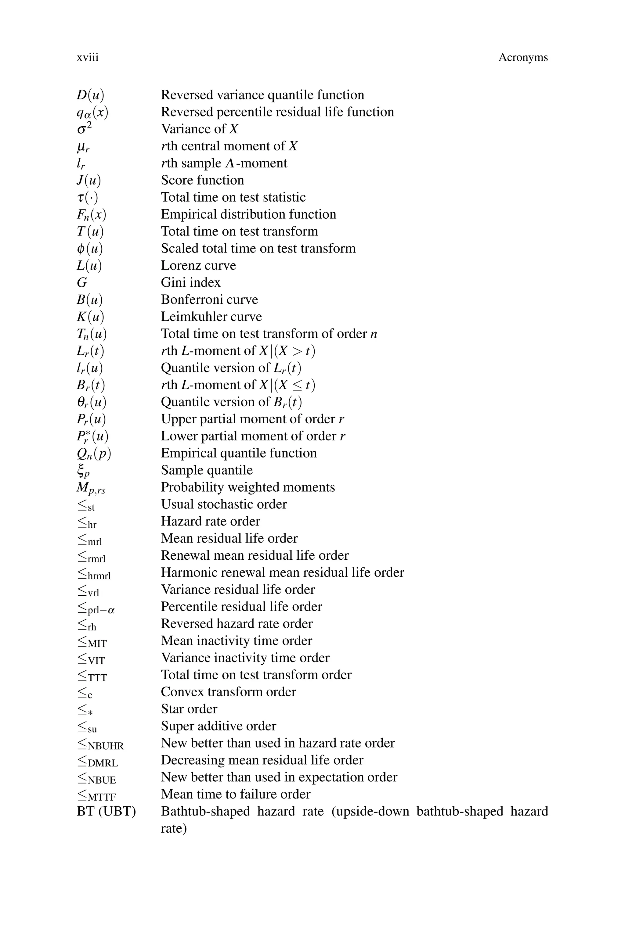 xviii Acronyms
D(u) Reversed variance quantile function
qα(x) Reversed percentile residual life function
σ2 Variance of X
μr rth central moment of X
lr rth sample Λ-moment
J(u) Score function
τ(·) Total time on test statistic
Fn(x) Empirical distribution function
T(u) Total time on test transform
φ(u) Scaled total time on test transform
L(u) Lorenz curve
G Gini index
B(u) Bonferroni curve
K(u) Leimkuhler curve
Tn(u) Total time on test transform of order n
Lr(t) rth L-moment of X|(X > t)
lr(u) Quantile version of Lr(t)
Br(t) rth L-moment of X|(X ≤ t)
θr(u) Quantile version of Br(t)
Pr(u) Upper partial moment of order r
P∗
r (u) Lower partial moment of order r
Qn(p) Empirical quantile function
ξp Sample quantile
Mp,rs Probability weighted moments
≤st Usual stochastic order
≤hr Hazard rate order
≤mrl Mean residual life order
≤rmrl Renewal mean residual life order
≤hrmrl Harmonic renewal mean residual life order
≤vrl Variance residual life order
≤prl−α Percentile residual life order
≤rh Reversed hazard rate order
≤MIT Mean inactivity time order
≤VIT Variance inactivity time order
≤TTT Total time on test transform order
≤c Convex transform order
≤∗ Star order
≤su Super additive order
≤NBUHR New better than used in hazard rate order
≤DMRL Decreasing mean residual life order
≤NBUE New better than used in expectation order
≤MTTF Mean time to failure order
BT (UBT) Bathtub-shaped hazard rate (upside-down bathtub-shaped hazard
rate)
 