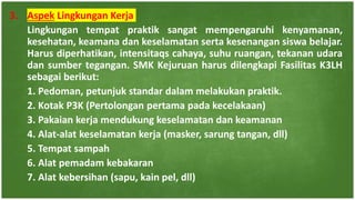 3. Aspek Lingkungan Kerja
Lingkungan tempat praktik sangat mempengaruhi kenyamanan,
kesehatan, keamana dan keselamatan serta kesenangan siswa belajar.
Harus diperhatikan, intensitaqs cahaya, suhu ruangan, tekanan udara
dan sumber tegangan. SMK Kejuruan harus dilengkapi Fasilitas K3LH
sebagai berikut:
1. Pedoman, petunjuk standar dalam melakukan praktik.
2. Kotak P3K (Pertolongan pertama pada kecelakaan)
3. Pakaian kerja mendukung keselamatan dan keamanan
4. Alat-alat keselamatan kerja (masker, sarung tangan, dll)
5. Tempat sampah
6. Alat pemadam kebakaran
7. Alat kebersihan (sapu, kain pel, dll)
 