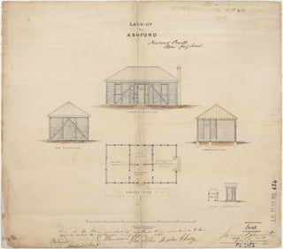 Ashford, Fraser’s Creek Lockup – Ground plan, elevations and section 1864