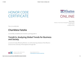 1/11/2016 Wharton Trends1x Certificate | edX
https://courses.edx.org/certificates/c498248dfffd491abe5eeb7dc0b629dd 1/2
HONOR CODE
CERTIFICATE
This is to certify that
Charikleia Fatolia
successfully completed and received a passing grade in
Trends1x: Analyzing Global Trends for Business
and Society
a course of study offered by Wharton, an online learning initiative of the Wharton
School at the University of Pennsylvania through edX.
Mauro Guillen
Professor of International Management, Director of the
Lauder Institute
The Wharton School
HONOR CODE CERTIFICATE
Issued January 8, 2016
VALID CERTIFICATE ID
c498248dfffd491abe5eeb7dc0b629dd
 