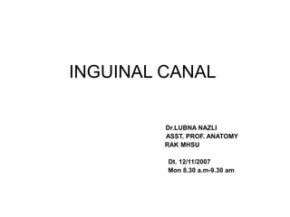 INGUINAL CANAL
Dr.LUBNA NAZLI
ASST. PROF. ANATOMY
RAK MHSU
Dt. 12/11/2007
Mon 8.30 a.m-9.30 am
 