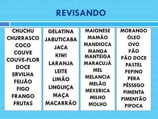 REVISANDO
CHUCHU
CHURRASCO
COCO
COUVE
COUVE-FLOR
DOCE
ERVILHA
FEIJÃO
FIGO
FRANGO
FRUTAS
GELATINA
JABUTICABA
JACA
KIWI
LARANJA
LEITE
LIMÃO
LINGUIÇA
MAÇA
MACARRÃO
MAIONESE
MAMÃO
MANDIOCA
MANGA
MANTEIGA
MARACUJÁ
MEL
MELANCIA
MELÃO
MEXERICA
MILHO
MOLHO
MORANGO
ÓLEO
OVO
PÃO
PÃO DOCE
PASTEL
PEPINO
PERA
PÊSSEGO
PIMENTA
PIMENTÃO
PIPOCA
 