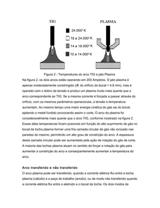 Figura 2 - Temperaturas do arco TIG e jato Plasma
Na figura 2, os dois arcos estão operando em 200 Ampères. O jato plasma é
apenas moderadamente constringido (Æ do orifício do bocal = 4.8 mm), mas é
operado com o dobro da tensão e produz um plasma muito mais quente que o
arco correspondente ao TIG. Se a mesma corrente é forçada a passar através do
orifício, com os mesmos parâmetros operacionais, a tensão e temperatura
aumentam. Ao mesmo tempo uma maior energia cinética do gás sai do bocal,
ejetando o metal fundido provocando assim o corte. O arco do plasma foi
consideravelmente mais quente que o arco TIG, conforme mostrado na figura 2.
Essas altas temperaturas foram possíveis em função do alto suprimento de gás no
bocal da tocha plasma formar uma fria camada circular de gás não ionizado nas
paredes do mesmo, permitindo um alto grau de constrição do arco. A espessura
desta camada circular pode ser aumentada pela ação de rotação do gás de corte.
A maioria das tochas plasma atuam no sentido de forçar a rotação do gás para
aumentar a constrição do arco e conseqüentemente aumentar a temperatura do
arco.
Arco transferido e não transferido
O arco plasma pode ser transferido, quando a corrente elétrica flui entre a tocha
plasma (cátodo) e a peça de trabalho (anodo); ou de modo não transferido quando
a corrente elétrica flui entre o eletrodo e o bocal da tocha. Os dois modos de
 