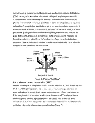 normalmente ar comprimido ou Oxigênio para aço Carbono, dióxido de Carbono
(CO2) para aços inoxidáveis e misturas de Hidrogênio/Argônio para Alumínio.
A velocidade de corte é melhor para aços ao Carbono quando comparado ao
plasma convencional, contudo, a qualidade de corte é inadequada para algumas
aplicações. A velocidade e qualidade de corte em aços inoxidáveis e Alumínio, é
essencialmente a mesma que no plasma convencional. A maior vantagem neste
processo é que o gás secundário forma uma proteção entre o bico de corte e a
peça de trabalho, protegendo o mesmo de curto-circuitos, como mostrado na
figura 6, e reduzindo a tendência de "duplo arco". O gás de proteção também
protege a zona de corte aumentando a qualidade e velocidade de corte, além de
refrigerar o bico de corte e bocal da tocha.
Figura 6 - Plasma "Dual Flow"
Corte plasma com ar comprimido (1963)
O corte plasma por ar comprimido surgiu no início dos anos 60 para o corte de aço
Carbono. O Oxigênio presente no ar proporcionava uma energia adicional em
aços ao Carbono proveniente da reação exotérmica com o ferro incandescente.
Esta energia adicional aumenta a velocidade de corte em 25% sobre o plasma
com Nitrogênio. Embora o processo possa ser usado para o corte de aços
inoxidáveis e Alumínio, a superfície de corte nesses materiais fica mais fortemente
oxidada e não aceitável para algumas aplicações (Figura 7).
 