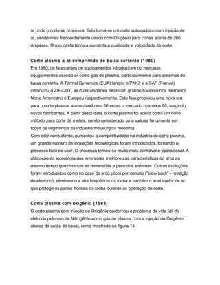 ar onde o corte se processa. Este torna-se um corte subaquático com injeção de
ar, sendo mais freqüentemente usado com Oxigênio para cortes acima de 260
Ampéres. O uso desta técnica aumenta a qualidade e velocidade de corte.
Corte plasma a ar comprimido de baixa corrente (1980)
Em 1980, os fabricantes de equipamentos introduziram no mercado,
equipamentos usando ar como gás de plasma, particularmente para sistemas de
baixa corrente. A Termal Dynamics (EUA) lançou o PAK3 e a SAF (França)
introduziu o ZIP-CUT, as duas unidades foram um grande sucesso nos mercados
Norte Americano e Europeu respectivamente. Este fato propiciou uma nova era
para o corte plasma, aumentando em 50 vezes o mercado nos anos 80, surgindo
novos fabricantes. A partir desta data, o corte plasma foi aceito como um novo
método para corte de metais, sendo considerado uma valiosa ferramenta em
todos os segmentos da indústria metalúrgica moderna.
Com este novo alento, aumentou a competitividade na indústria de corte plasma,
um grande número de inovações tecnológicas foram introduzidos, tornando o
processo fácil de usar. O processo tornou-se muito mais confiável e operacional. A
utilização da tecnologia dos inversores melhorou as características do arco ao
mesmo tempo que diminuiu as dimensões e peso dos sistemas. Outras evoluções
foram introduzidas como no caso do arco piloto por contato ("blow back" - retração
do eletrodo), eliminando a alta freqüência na tocha e também o anel injetor de ar
que protege as partes frontais da tocha durante as operação de corte.
Corte plasma com oxigênio (1983)
O corte plasma com injeção de Oxigênio contornou o problema da vida útil do
eletrodo pelo uso de Nitrogênio como gás de plasma com a injeção de Oxigênio
abaixo da saída do bocal, como mostrado na figura 14.
 