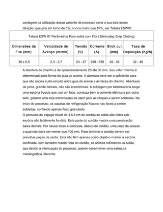 vantagem da utilização dessa variante de processo seria a sua baixíssima
diluição, que gira em torno de 6%, nunca maior que 10%, ver Tabela ESW01.
Tabela ESW 01 Parâmetros Para solda com Fita ( Eletroslag Strip Clading)
Dimensões da
Fita (mm)
Velocidade de
Avanço (m/min)
Tensão
(V)
Corrente
(A)
Stick out
(mm)
Taxa de
Deposição (Kg/h)
30 x 0,5 2,3 - 2,7 23 - 27 650 - 750 28 - 32 32 - 40
A abertura do chanfro é de aproximadamente 20 até 30 mm. Seu valor mínimo é
determinado pela forma do guia do arame. A abertura deve ser o suficiente para
que não ocorra curto-circuito entre guia de arame e as faces do chanfro. Aberturas
de junta, grande demais, não são econômicas. A soldagem por eletroescória exige
uma escória líquida que, por um lado, conduza bem a corrente elétrica e por outro
lado, garanta uma boa transmissão de calor para as chapas a serem soldadas. No
inicio do processo, as sapatas de refrigeração fixados nas faces a serem
soldadas, contendo apenas fluxo granulado.
O percurso de espaço inicial de 3 à 8 cm de cordão de solda são feitos sob
escória não totalmente fundida. Esta parte do cordão mostra uma penetração
baixa demais. Por causa disso é colocada, abaixo do cordão, uma peça de acesso
a qual não deve ser menor que 100 mm. Para terminar o cordão devem ser
previstas peças de saída. Esta não têm apenas como objetivo manter a escória
confinada, com também manter fora do cordão, os últimos milímetros da solda,
que devido à interrupção do processo, podem desenvolver uma estrutura
metalográfica diferente.
 