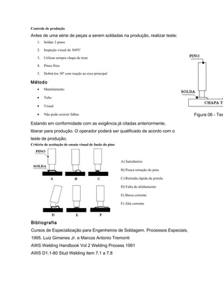 Controle de produção
Antes de uma série de peças a serem soldadas na produção, realizar teste:
1. Soldar 2 pinos
2. Inspeção visual de 360ºC
3. Utilizar sempre chapa de teste
4. Pinos frios
5. Dobrá-los 30º com reação ao eixo principal
Método
• Martelamento
• Tubo
• Visual
• Não pode ocorrer falhas
Estando em conformidade com as exigência já citadas anteriormente,
liberar para produção. O operador poderá ser qualificado de acordo com o
teste de produção.
Figura 06 - Tes
Critério de aceitação de ensaio visual de fusão do pino
A) Satisfatório
B) Pouca retração do pino
C) Retirada rápida da pistola
D) Falta de alinhamento
E) Baixa corrente
F) Alta corrente
Bibliografia
Cursos de Especialização para Engenheiros de Soldagem. Processos Especiais,
1995. Luiz Gimenes Jr. e Marcos Antonio Tremonti
AWS Welding Handbook Vol 2 Welding Process 1991
AWS D1.1-80 Stud Welding item 7.1 a 7.8
 