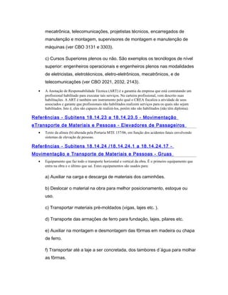 mecatrônica, telecomunicações, projetistas técnicos, encarregados de
manutenção e montagem, supervisores de montagem e manutenção de
máquinas (ver CBO 3131 e 3303).
c) Cursos Superiores plenos ou não. São exemplos os tecnólogos de nível
superior: engenheiros operacionais e engenheiros plenos nas modalidades
de eletricistas, eletrotécnicos, eletro-eletrônicos, mecatrônicos, e de
telecomunicações (ver CBO 2021, 2032, 2143).
• A Anotação de Responsabilidade Técnica (ART) é a garantia da empresa que está contratando um
profissional habilitado para executar tais serviços. Na carteira profissional, vem descrito suas
habilitações. A ART é também um instrumento pelo qual o CREA fiscaliza a atividade de seus
associados e garante que profissionais não habilitados realizem serviços para os quais não sejam
habilitados. Isto é, eles são capazes de realizá-los, porém não são habilitados (não têm diploma).
Referências - Subitens 18.14.23 a 18.14.23.5 - Movimentação
eTransporte de Materiais e Pessoas - Elevadores de Passageiros
• Texto da alínea (b) alterada pela Portaria MTE 157/06, em função dos acidentes fatais envolvendo
sistemas de elevação de pessoas.
Referências - Subitens 18.14.24 /18.14.24.1 a 18.14.24.17 -
Movimentação e Transporte de Materiais e Pessoas - Gruas
• Equipamento que faz todo o transporte horizontal e vertical da obra. É o primeiro equipamento que
entra na obra e o último que sai. Estes equipamentos são usados para:
a) Auxiliar na carga e descarga de materiais dos caminhões.
b) Deslocar o material na obra para melhor posicionamento, estoque ou
uso.
c) Transportar materiais pré-moldados (vigas, lajes etc. ).
d) Transporte das armações de ferro para fundação, lajes, pilares etc.
e) Auxiliar na montagem e desmontagem das fôrmas em madeira ou chapa
de ferro.
f) Transportar até a laje a ser concretada, dos tambores d´água para molhar
as fôrmas.
 