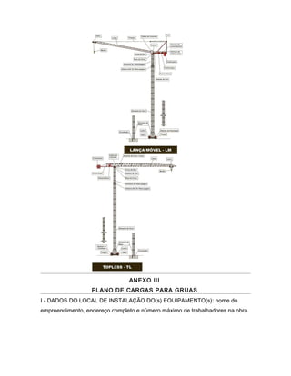 ANEXO III
PLANO DE CARGAS PARA GRUAS
I - DADOS DO LOCAL DE INSTALAÇÃO DO(s) EQUIPAMENTO(s): nome do
empreendimento, endereço completo e número máximo de trabalhadores na obra.
 
