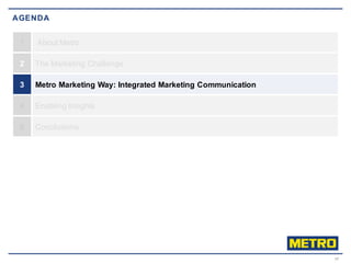 AGENDA
1 About%Metro
2 The%Marketing%Challenge%
3 Metro,Marketing,Way:,Integrated,Marketing,Communication,
4 Enabling%Insi...