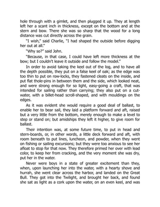 hole through with a gimlet, and then plugged it up. They at length
left her a scant inch in thickness, except on the bottom and at the
stern and bow. There she was so sharp that the wood for a long
distance was cut directly across the grain.
“I wish,” said Charlie, “I had shaped the outside before digging
her out at all.”
“Why so?” said John.
“Because, in that case, I could have left more thickness at the
bow; but I couldn’t leave it outside and follow the model.”
In order to avoid taking the keel out of the log, and to have all
the depth possible, they put on a false keel of oak; as the edge was
too thin to put on row-locks, they fastened cleats on the inside, and
put flat thole-pins in between them and the side, which looked neat,
and were strong enough for so light, easy-going a craft, that was
intended for sailing rather than carrying; they also put on a cut-
water, with a billet-head scroll-shaped, and with mouldings on the
edges.
As it was evident she would require a good deal of ballast, to
enable her to bear sail, they laid a platform forward and aft, raised
but a very little from the bottom, merely enough to make a level to
step or stand on; but amidships they left it higher, to give room for
ballast.
Their intention was, at some future time, to put in head and
stern-boards, or, in other words, a little deck forward and aft, with
room beneath to put lines, luncheon, and powder, when they went
on fishing or sailing excursions; but they were too anxious to see her
afloat to stop for that now. They therefore primed her over with lead
color, to keep her from cracking, and the very moment she was dry,
put her in the water.
Never were boys in a state of greater excitement than they,
when, upon launching her into the water, with a hearty shove and
hurrah, she went clear across the harbor, and landed on the Great
Bull. They got into the Twilight, and brought her back, and found
she sat as light as a cork upon the water, on an even keel, and was
 
