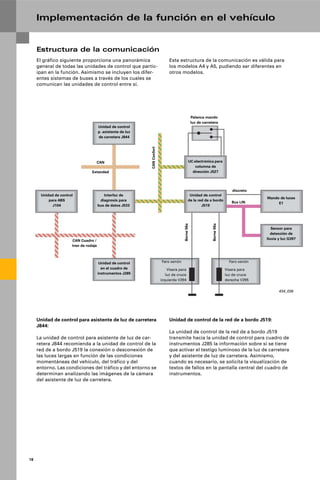 18
Implementación de la función en el vehículo
Estructura de la comunicación
El gráfico siguiente proporciona una panorámica
general de todas las unidades de control que partic-
ipan en la función. Asimismo se incluyen los difer-
entes sistemas de buses a través de los cuales se
comunican las unidades de control entre sí.
Esta estructura de la comunicación es válida para
los modelos A4 y A5, pudiendo ser diferentes en
otros modelos.
Unidad de control para asistente de luz de carretera
J844:
La unidad de control para asistente de luz de car-
retera J844 recomienda a la unidad de control de la
red de a bordo J519 la conexión o desconexión de
las luces largas en función de las condiciones
momentáneas del vehículo, del tráfico y del
entorno. Las condiciones del tráfico y del entorno se
determinan analizando las imágenes de la cámara
del asistente de luz de carretera.
Unidad de control de la red de a bordo J519:
La unidad de control de la red de a bordo J519
transmite hacia la unidad de control para cuadro de
instrumentos J285 la información sobre si se tiene
que activar el testigo luminoso de la luz de carretera
y del asistente de luz de carretera. Asimismo,
cuando es necesario, se solicita la visualización de
textos de fallos en la pantalla central del cuadro de
instrumentos.
434_036
Unidad de control
p. asistente de luz
de carretera J844
Interfaz de
diagnosis para
bus de datos J533
Unidad de control
para ABS
J104
Unidad de control
de la red de a bordo
J519
UC electrónica para
columna de
dirección J527
Mando de luces
E1
Sensor para
detección de
lluvia y luz G397
Unidad de control
en el cuadro de
instrumentos J285
Faro xenón
Visera para
luz de cruce
izquierda V294
Faro xenón
Visera para
luz de cruce
derecha V295
CAN
Extended
CAN Cuadro /
tren de rodaje
Palanca mando
luz de carretera
discreto
Bus LIN
CANConfort
Borne56a
Borne56a
 