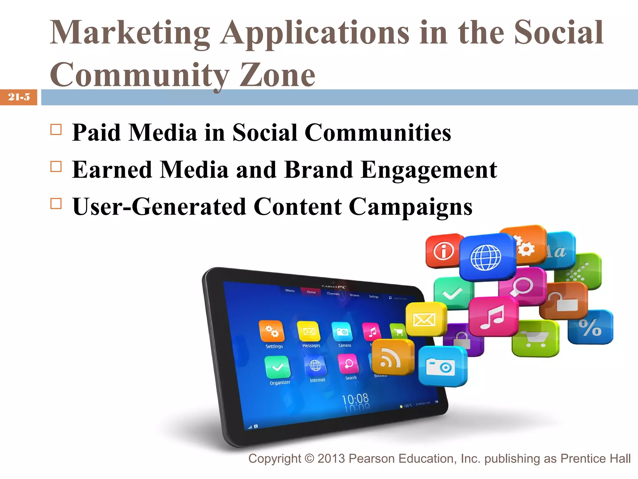 21-5

Marketing Applications in the Social
Community Zone




Paid Media in Social Communities
Earned Media and Brand Engagement
User-Generated Content Campaigns

Copyright © 2013 Pearson Education, Inc. publishing as Prentice Hall

 