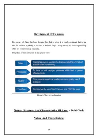14
Development Of Company
The journey of Aircel has been depicted here below where it is clearly mentioned that in line
with the business s priority to become a National Player, hiring was to be done exponentially
while not compromising on quality.
The pillars of transformation in this phase were:
Figure 1:Pillars of transformation
Nature, Structure And Characteristics Of Aircel - Delhi Circle
Nature And Characteristics
 