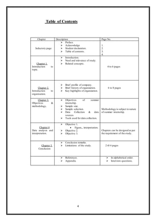 4
Table of Contents
Chapter Description Page No.
Inductory page
 Preface.
 Acknowledge
 Student declaration.
 Table of contents.
1.
2.
3.
4.
Chapter 1.
Introduction to
topic.
 Introduction.
 Need and relevance of study.
 Related concepts.
4 to 6 pages
Chapter 2.
Introduction to
organisation.
 Brief profile of company.
 Brief history of organization.
 Key highlights of organization.
6 to 8 pages
Chapter 3.
Objectives &
methodology.
 Objectives of summer
internship.
 Sample size.
 Sample selection.
 Data Collection & data
sources.
 Tools used for data collection.
Methodology is subject to nature
of summer internship.
Chapter 4.
Data analysis and
interpretation.
 Objective 1.
 Figure,, interpretation.
 Objective 2.
 Objective 3.
Chapters can be designed as per
the requirement of the study.
Chapter 5.
Conclusion
 Conclusion remarks.
 Limitations of the study. 2 t0 4 pages
 References.
 Appendix.
 In alphabetical order.
 Interview questions.
 